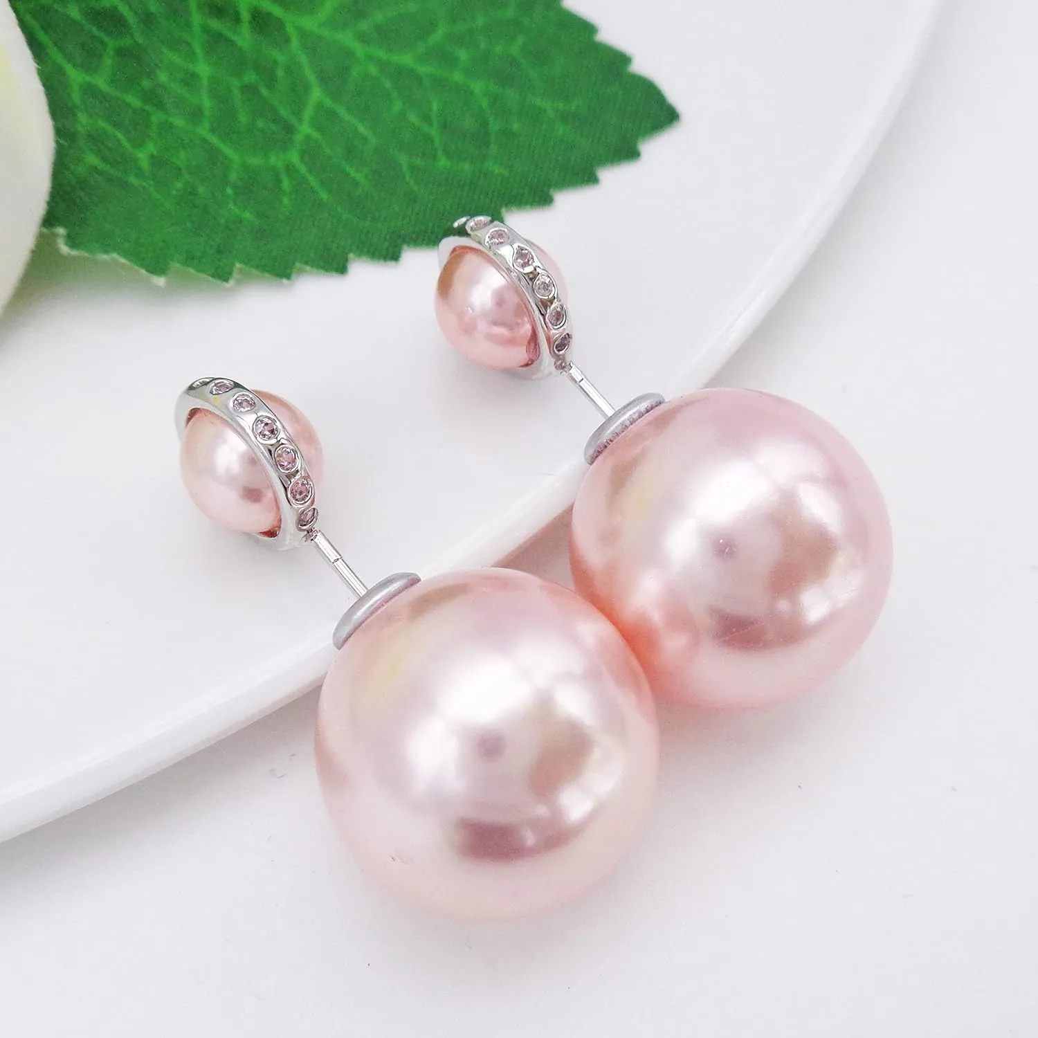 Navachi 18k Gold Plated Double Sided Colorful Faux Pearl Beads Womens Fashion Elegant Candy Stud Earrings