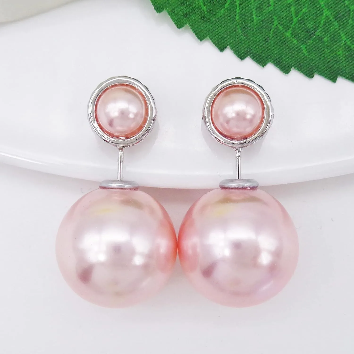 Navachi 18k Gold Plated Double Sided Colorful Faux Pearl Beads Womens Fashion Elegant Candy Stud Earrings