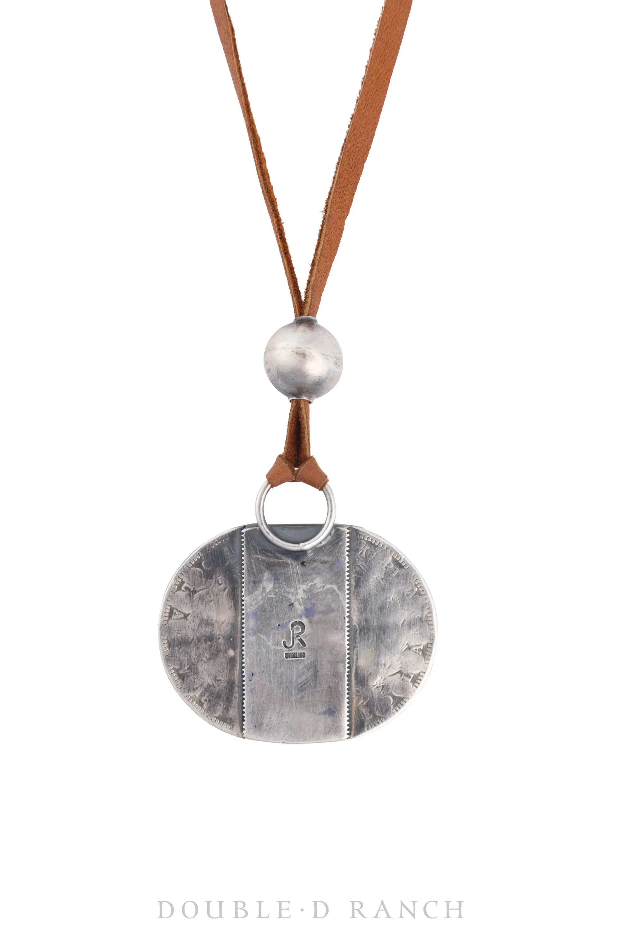 Necklace, Jesse Robbins, Leather Thong, Turquoise & Orange Spiny Oyster, Morgan Silver Dollar Coin, Hallmark, Contemporary, 3090