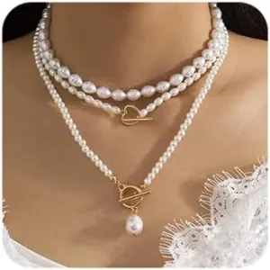 Octwine Boho Layered Imitation Pearl Necklace Baroque Pearl Pendant Toggle Vintage Stylish Choker 1920s Bridal Necklace Accessories for Women