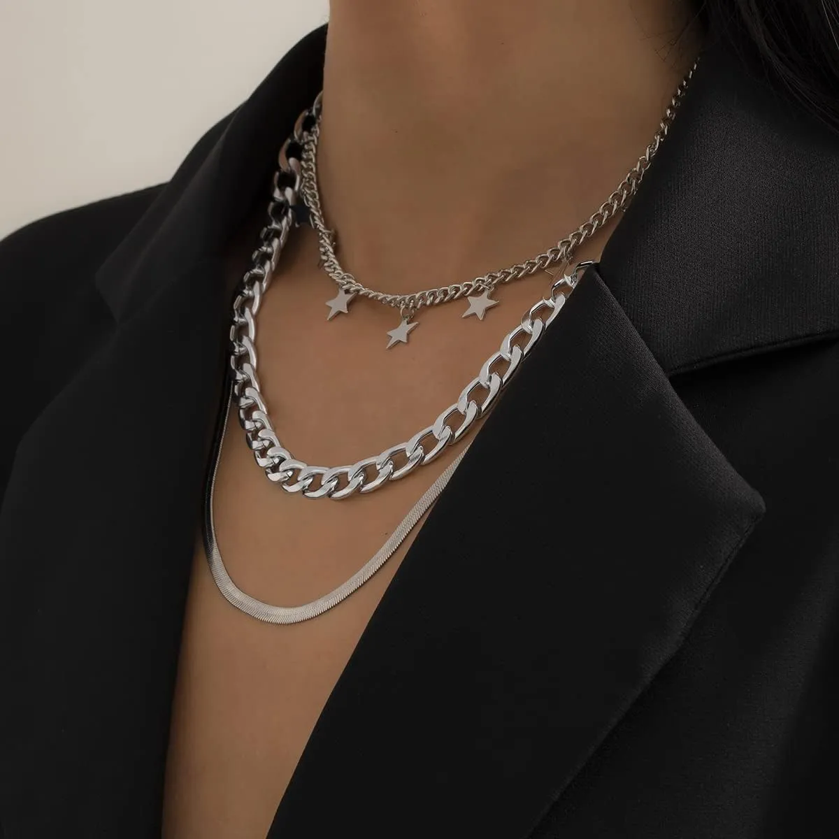 Octwine Star Layered Choker Necklaces for Women Simple Layering Bar Tassel Chunky Stacked Pendant Necklace Set of 3 for Women