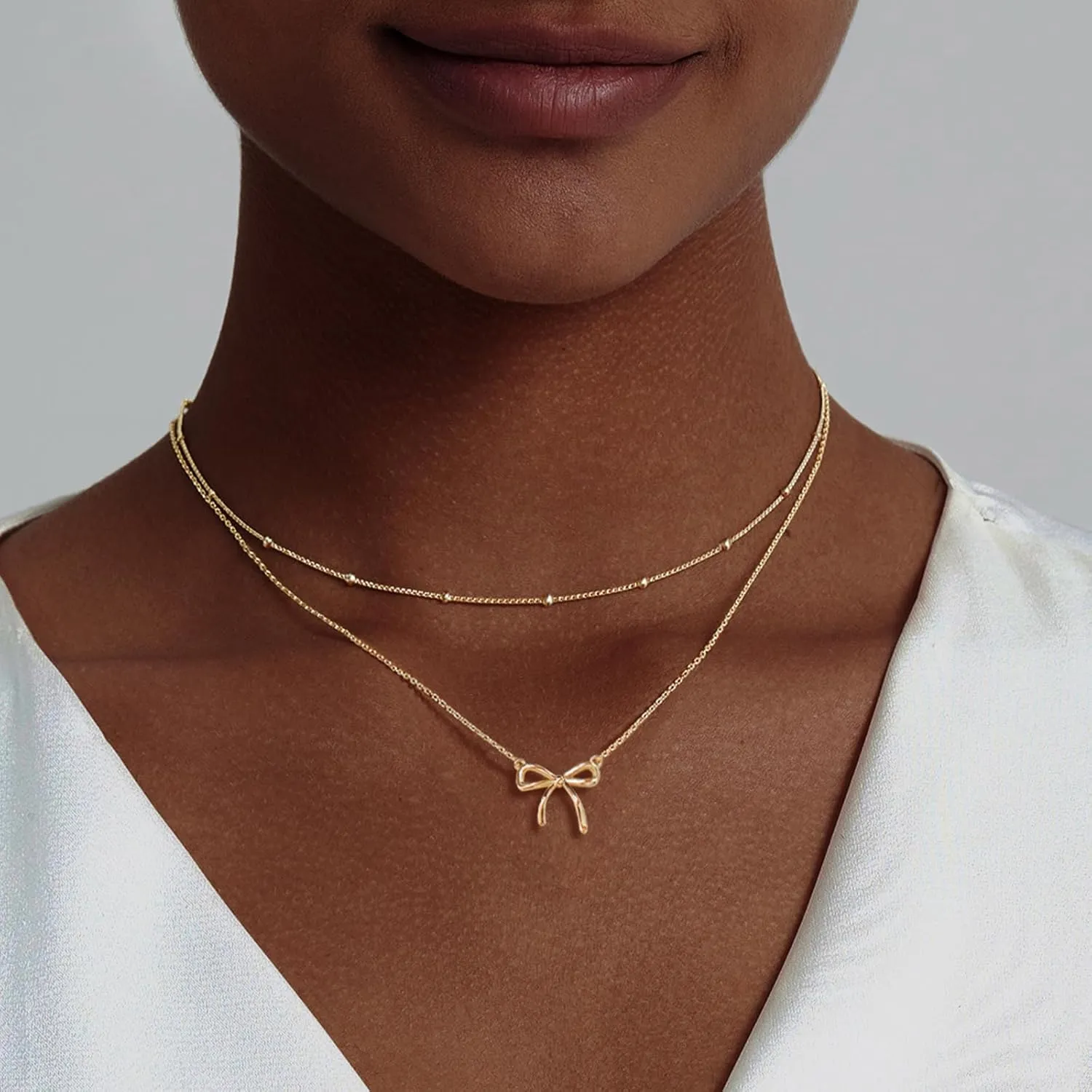 OGD Gold Necklace for Women, Bow Necklace 14K Layered Gold Necklace Dainty Bow Pendant Choker Necklace Trendy Bow Necklace Gold Chain Necklaces for Women Jewelry Gift