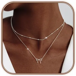 OGD Gold Necklace for Women, Bow Necklace 14K Layered Gold Necklace Dainty Bow Pendant Choker Necklace Trendy Bow Necklace Gold Chain Necklaces for Women Jewelry Gift