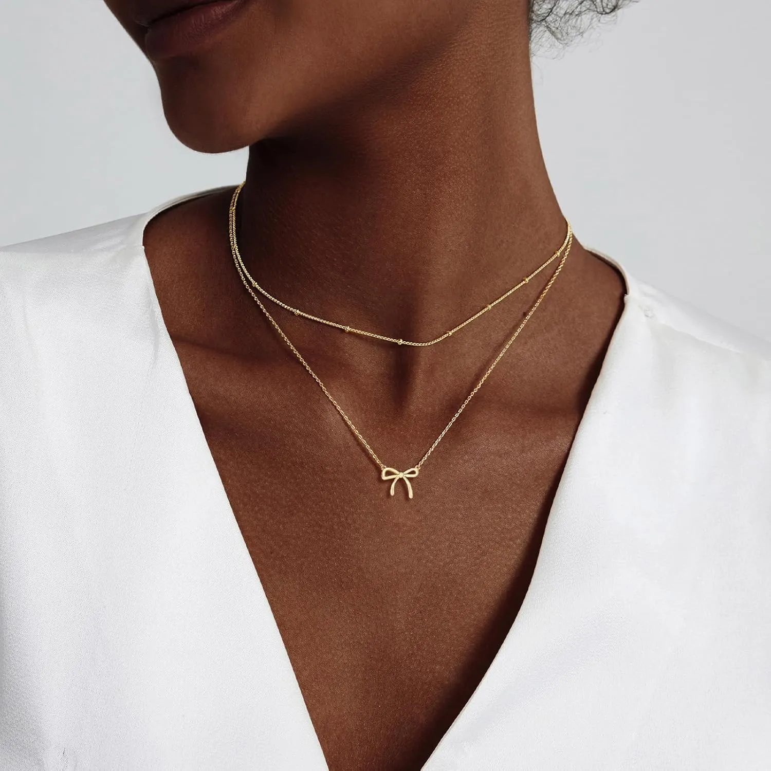 OGD Gold Necklace for Women, Bow Necklace 14K Layered Gold Necklace Dainty Bow Pendant Choker Necklace Trendy Bow Necklace Gold Chain Necklaces for Women Jewelry Gift