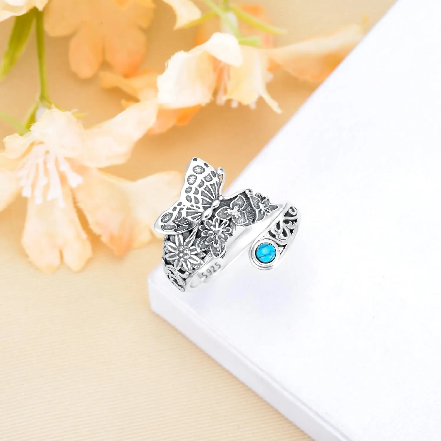 OHAYOO Turquoise Ring Sterling Silver Spoon Ring Bohemian Victorian Vintage Adjustable Rings Western Jewelry Women's Gift