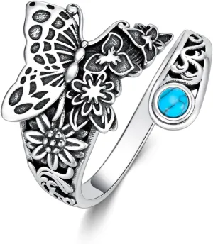 OHAYOO Turquoise Ring Sterling Silver Spoon Ring Bohemian Victorian Vintage Adjustable Rings Western Jewelry Women's Gift