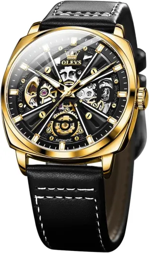 OLEVS Watch for Men Automatic Skeleton Mechanics Self Winding Luxury Stylish Leather Strap Waterproof, GJ-OS-G6685HP-JH-1