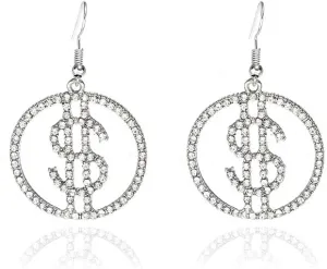 ONLYJUMP Crystal Dollar Sign Symbol Drop Dangle Earrings for Women Rhinestone Dollar Money Stud Earrings Elegant Earrings for Fashion Jewelry Gifts (Silver)