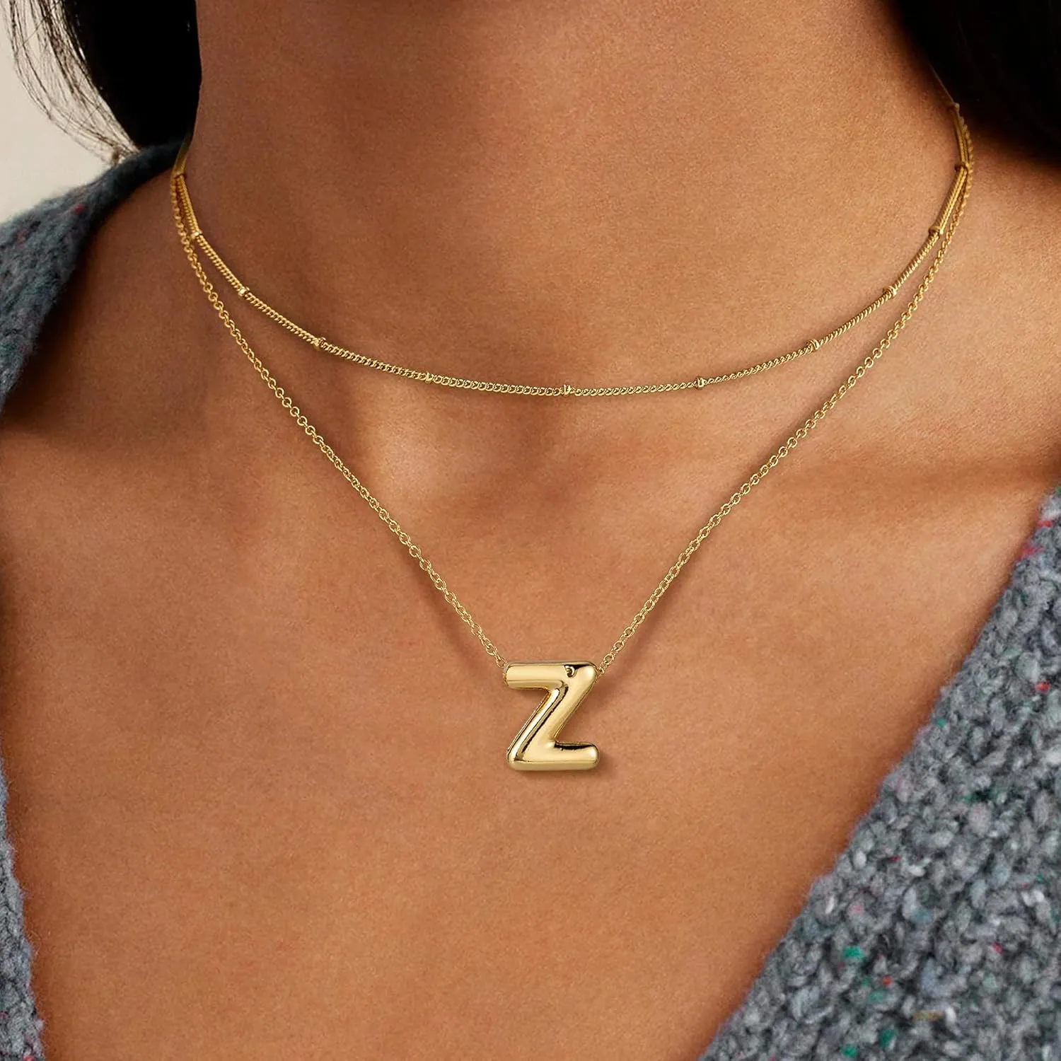 OOOPEL Bubble Initial Necklaces for Women Layered A-Z Alphabet Pendant Necklace 14K Gold Plated Balloon Letter Necklace Dainty Jewelry Gift