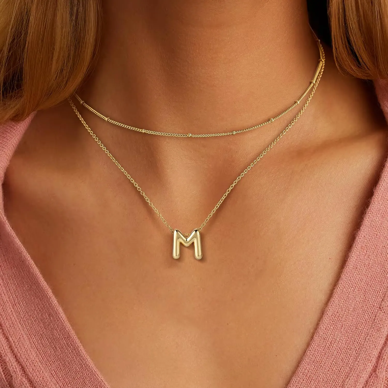 OOOPEL Bubble Initial Necklaces for Women Layered A-Z Alphabet Pendant Necklace 14K Gold Plated Balloon Letter Necklace Dainty Jewelry Gift
