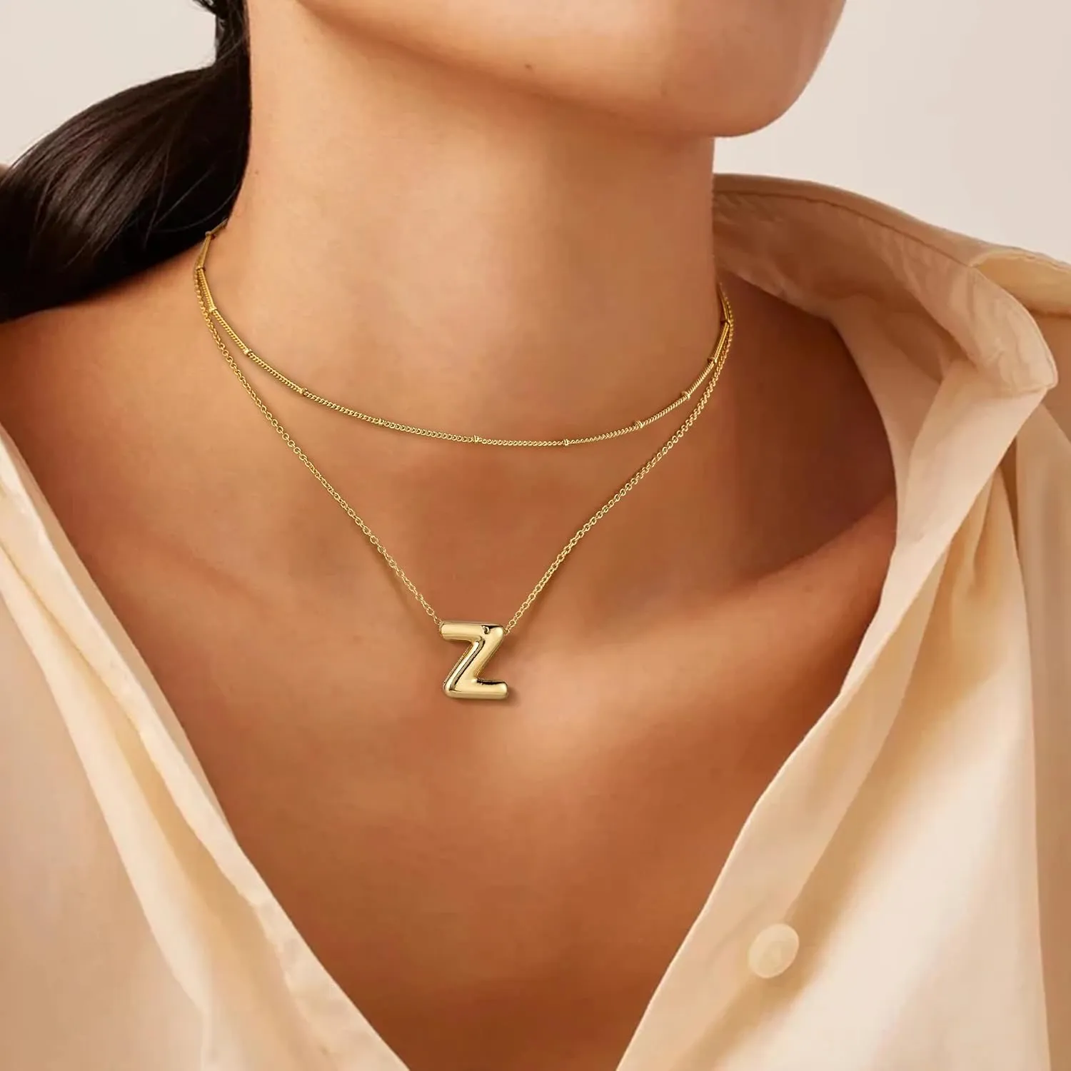 OOOPEL Bubble Initial Necklaces for Women Layered A-Z Alphabet Pendant Necklace 14K Gold Plated Balloon Letter Necklace Dainty Jewelry Gift
