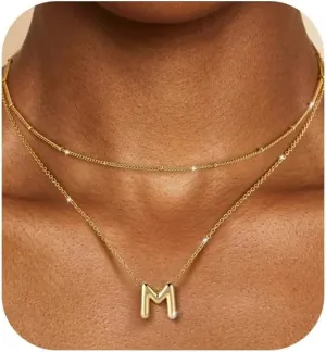 OOOPEL Bubble Initial Necklaces for Women Layered A-Z Alphabet Pendant Necklace 14K Gold Plated Balloon Letter Necklace Dainty Jewelry Gift
