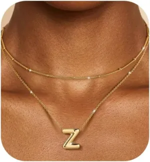 OOOPEL Bubble Initial Necklaces for Women Layered A-Z Alphabet Pendant Necklace 14K Gold Plated Balloon Letter Necklace Dainty Jewelry Gift