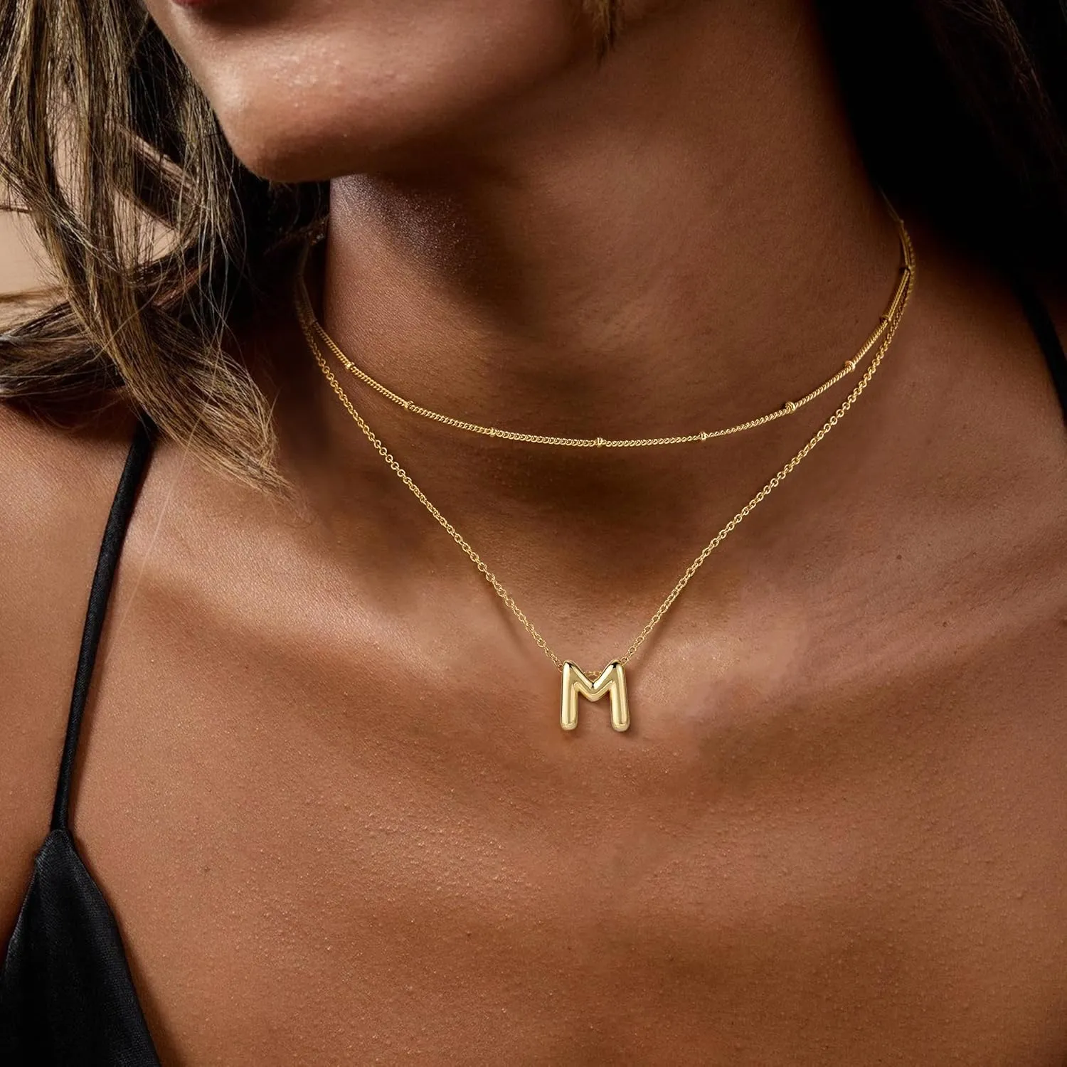 OOOPEL Bubble Initial Necklaces for Women Layered A-Z Alphabet Pendant Necklace 14K Gold Plated Balloon Letter Necklace Dainty Jewelry Gift