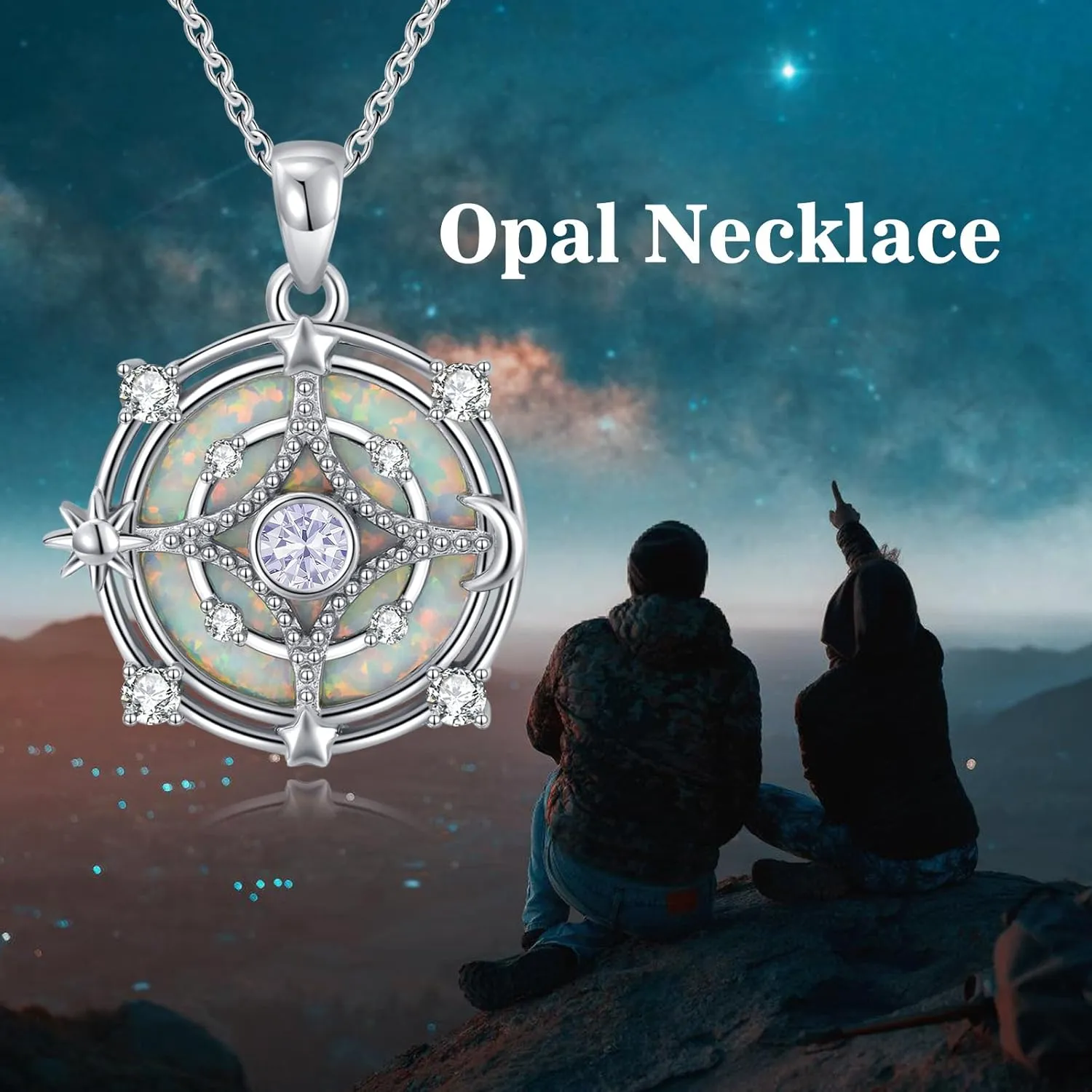 Opal Compass Necklace for Women Opal Necklace for Women Sun Moon Star Pendant 925 Sterling Silver North Star Anniversary Birthday Gifts Jewelry for Her