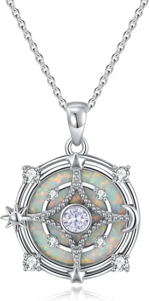 Opal Compass Necklace for Women Opal Necklace for Women Sun Moon Star Pendant 925 Sterling Silver North Star Anniversary Birthday Gifts Jewelry for Her