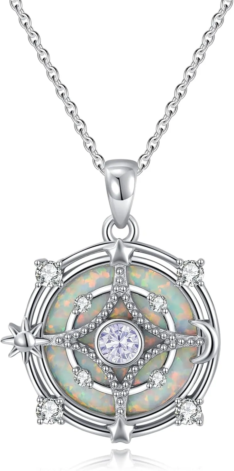 Opal Compass Necklace for Women Opal Necklace for Women Sun Moon Star Pendant 925 Sterling Silver North Star Anniversary Birthday Gifts Jewelry for Her