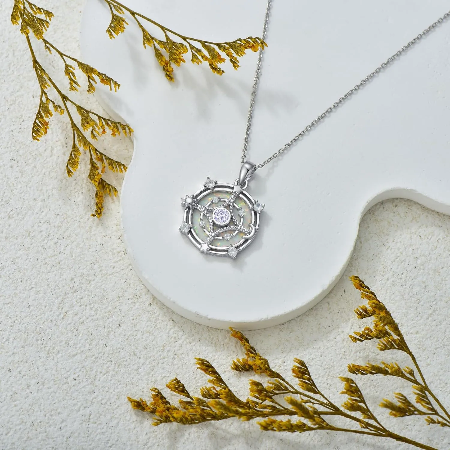 Opal Compass Necklace for Women Opal Necklace for Women Sun Moon Star Pendant 925 Sterling Silver North Star Anniversary Birthday Gifts Jewelry for Her