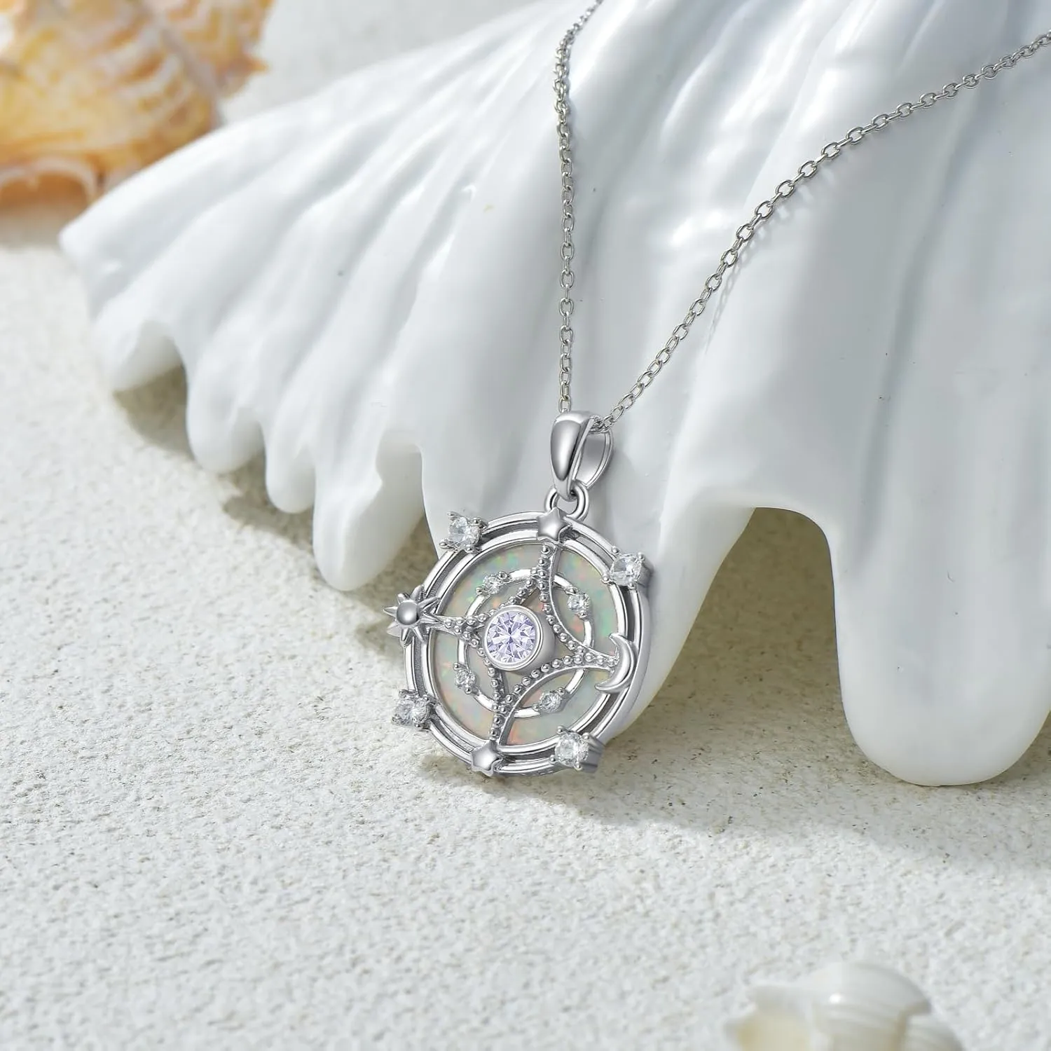 Opal Compass Necklace for Women Opal Necklace for Women Sun Moon Star Pendant 925 Sterling Silver North Star Anniversary Birthday Gifts Jewelry for Her