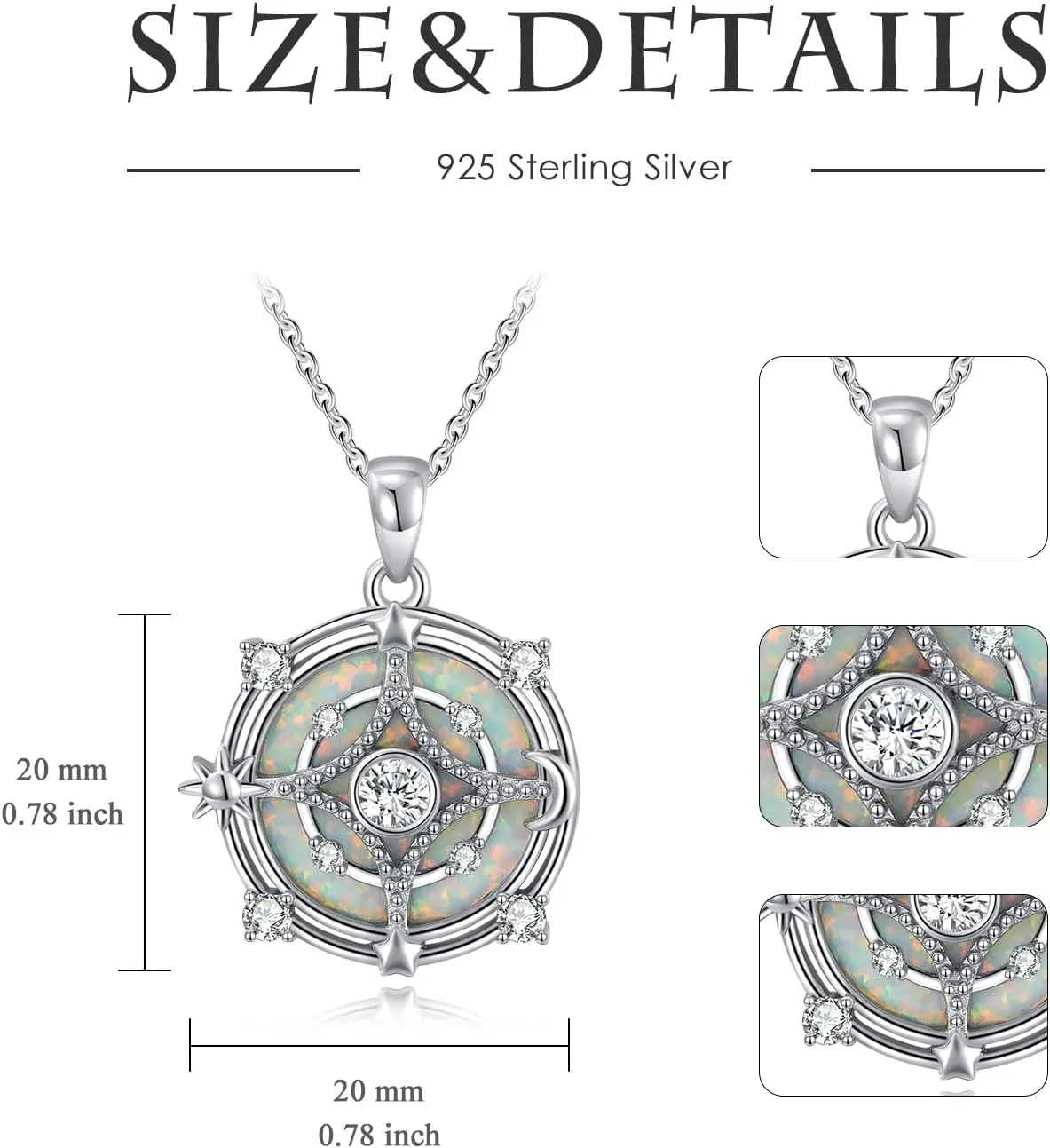 Opal Compass Necklace for Women Opal Necklace for Women Sun Moon Star Pendant 925 Sterling Silver North Star Anniversary Birthday Gifts Jewelry for Her