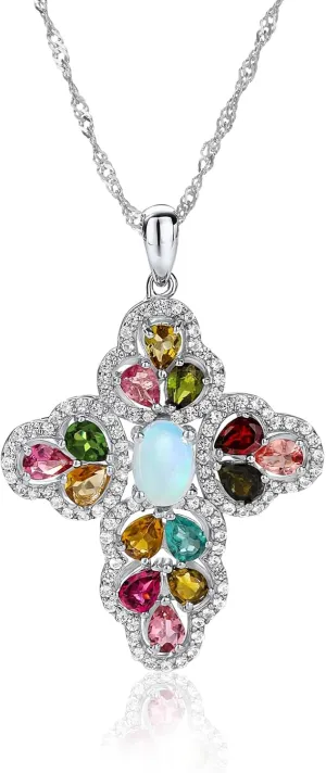 Opal Cross Necklace Inlaid with Tourmaline/Green Gem/Blue Diamonds Sterling Silver Chain Anniversary Wedding Jewelry for Women Cross Birthstone Necklaces 18"