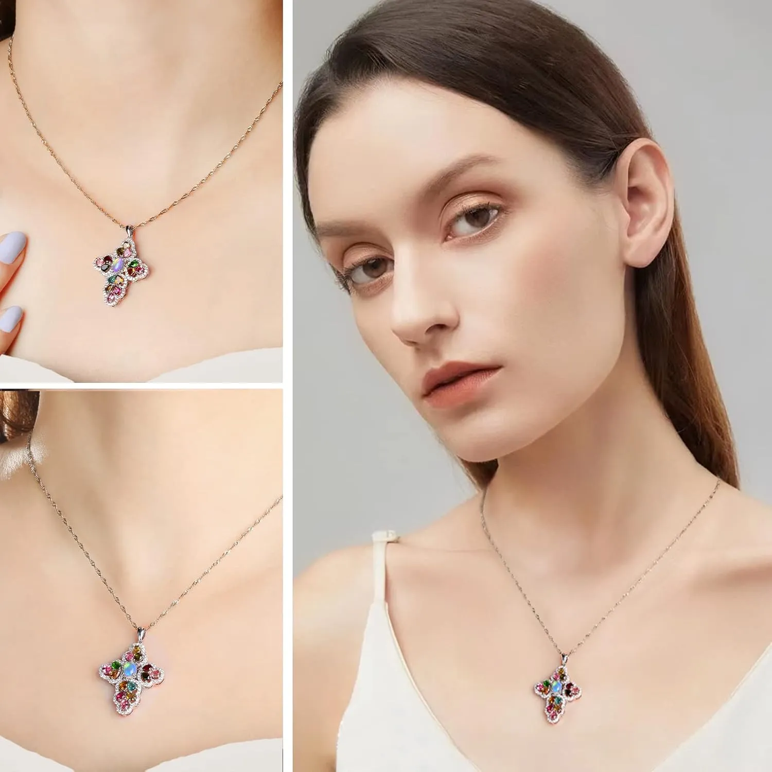 Opal Cross Necklace Inlaid with Tourmaline/Green Gem/Blue Diamonds Sterling Silver Chain Anniversary Wedding Jewelry for Women Cross Birthstone Necklaces 18"