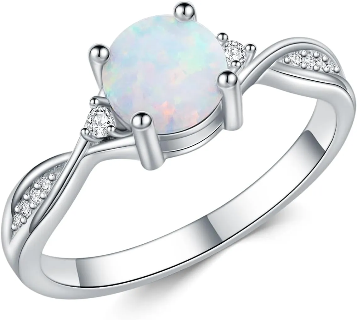 Opals Ring for Women 1 Carat 925 Sterling Silver Round Shape Opal Engagement Ring with Moissanite Promise Ring Valentine's Day Jewelry Gifts for Her,Ring Sizes 4-12
