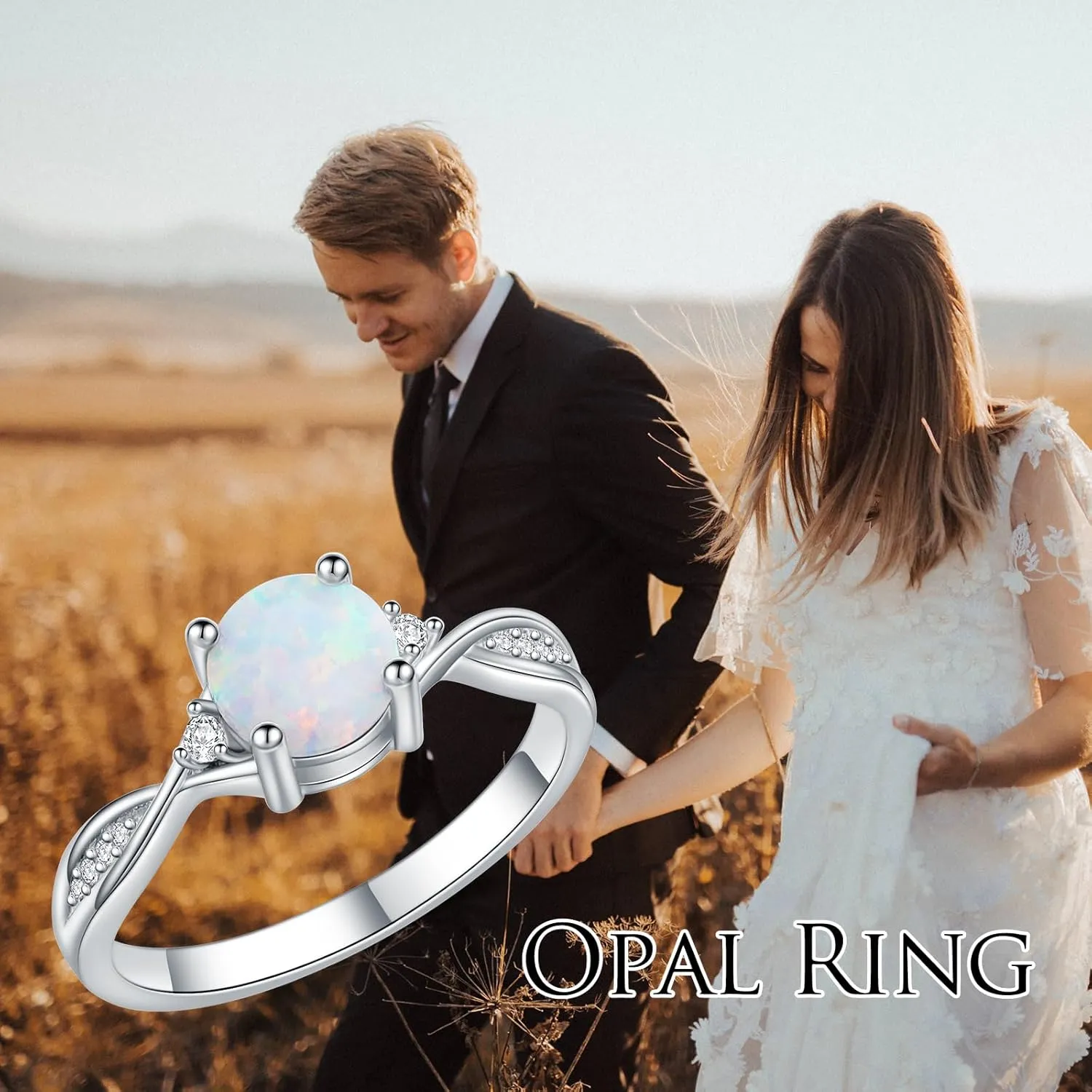 Opals Ring for Women 1 Carat 925 Sterling Silver Round Shape Opal Engagement Ring with Moissanite Promise Ring Valentine's Day Jewelry Gifts for Her,Ring Sizes 4-12