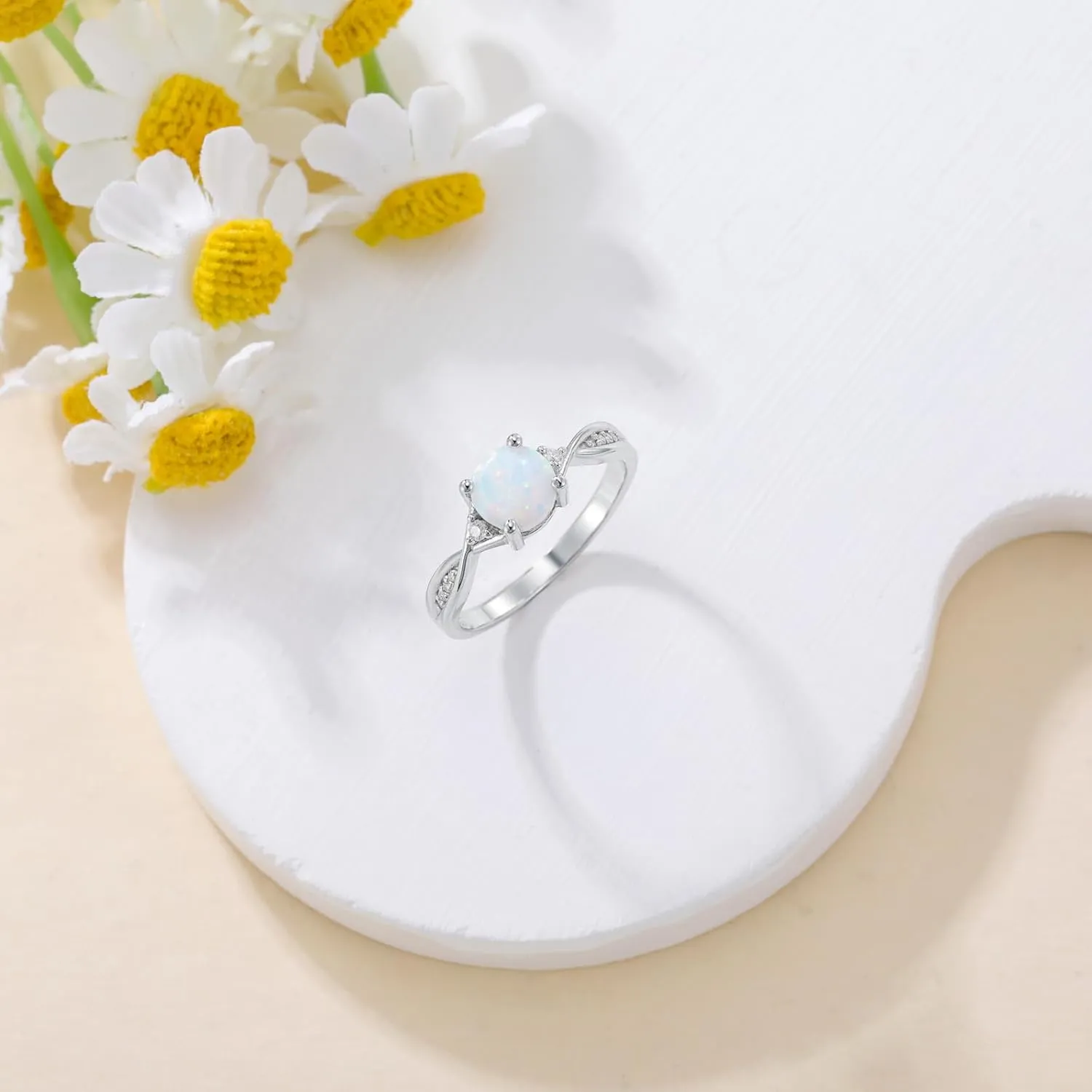 Opals Ring for Women 1 Carat 925 Sterling Silver Round Shape Opal Engagement Ring with Moissanite Promise Ring Valentine's Day Jewelry Gifts for Her,Ring Sizes 4-12