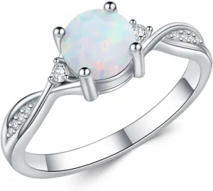 Opals Ring for Women 1 Carat 925 Sterling Silver Round Shape Opal Engagement Ring with Moissanite Promise Ring Valentine's Day Jewelry Gifts for Her,Ring Sizes 4-12