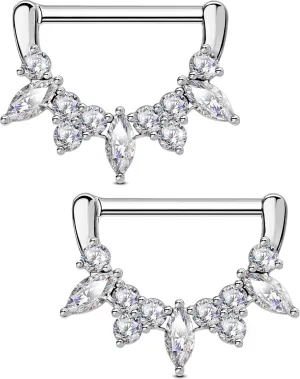 OUFER 2PCS Shield Nipple Rings for Women, 316L Surgical Steel Nipple Piercing Jewelry, Clear CZ Clicker Body Piercing Jewelry Barbells-14mm