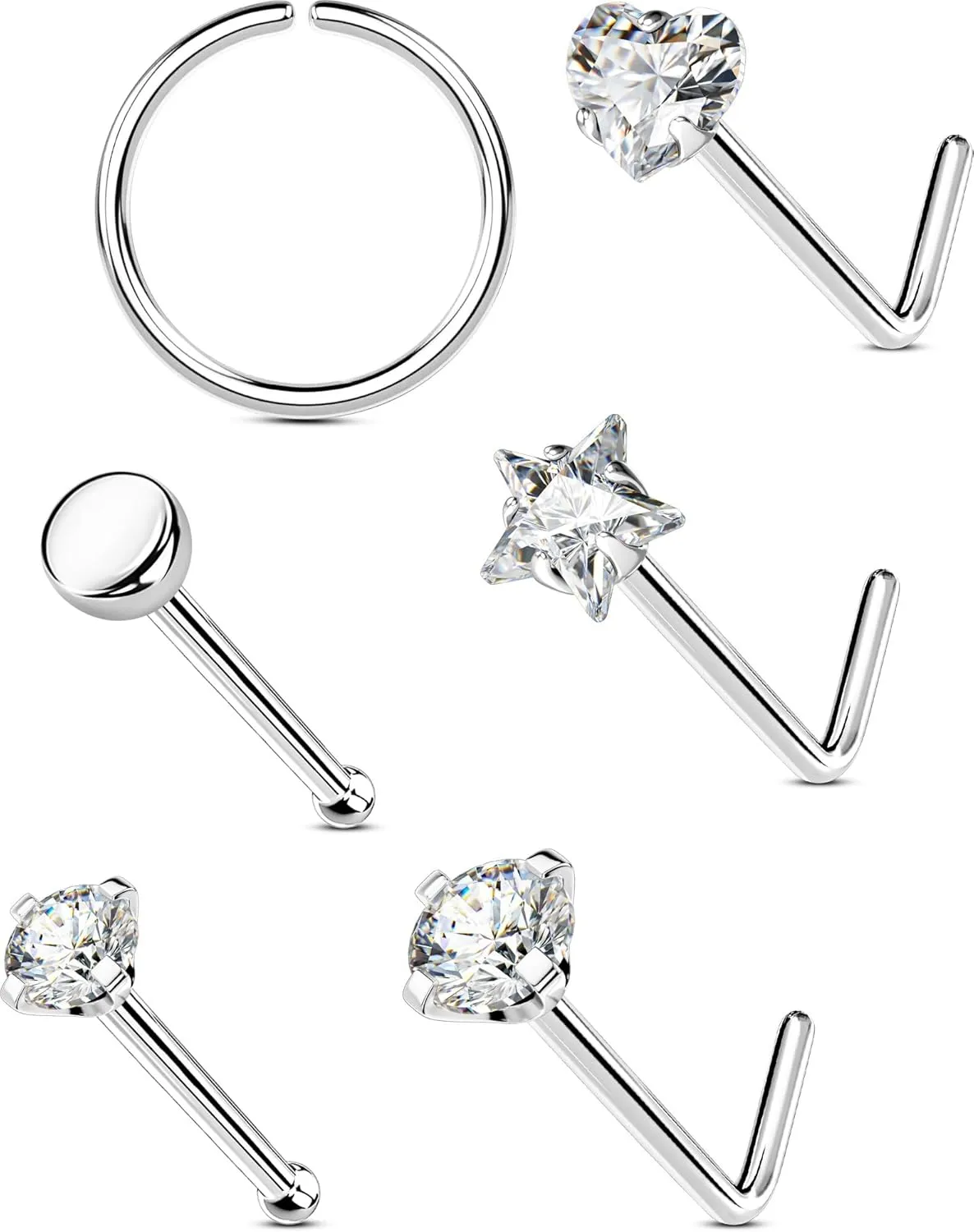 OUFER 6PCS 20G Nose Rings Studs, Star&Heart L-Shaped Nose Piercing Jewelry, Nose Rings Hoops for Women, 316L Surgical Steel Glitter Nostril Piercing Jewelry