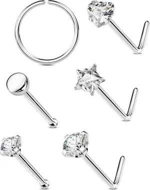 OUFER 6PCS 20G Nose Rings Studs, Star&Heart L-Shaped Nose Piercing Jewelry, Nose Rings Hoops for Women, 316L Surgical Steel Glitter Nostril Piercing Jewelry