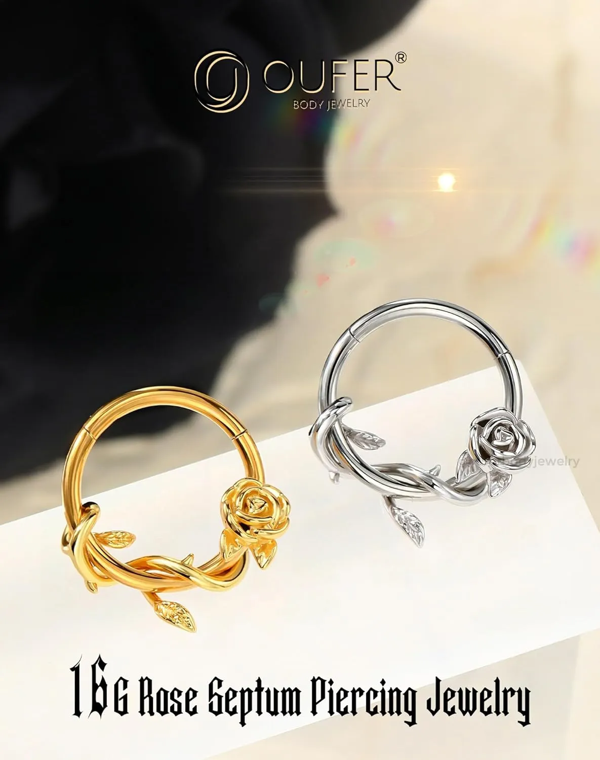 OUFER FLower 16G Gold Septum Rings, 316L Surgical Steel Septum Jewelry, Hinged Clicker Daith Piercing Jewelry, Daith Cartilage Helix Tragus Earring Hoop For Women
