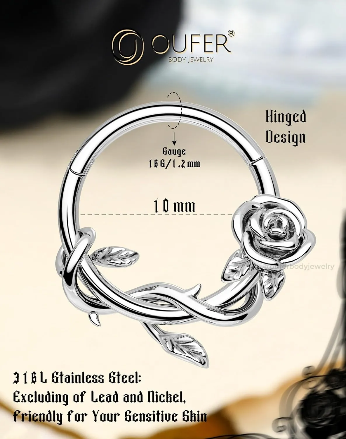 OUFER FLower 16G Gold Septum Rings, 316L Surgical Steel Septum Jewelry, Hinged Clicker Daith Piercing Jewelry, Daith Cartilage Helix Tragus Earring Hoop For Women
