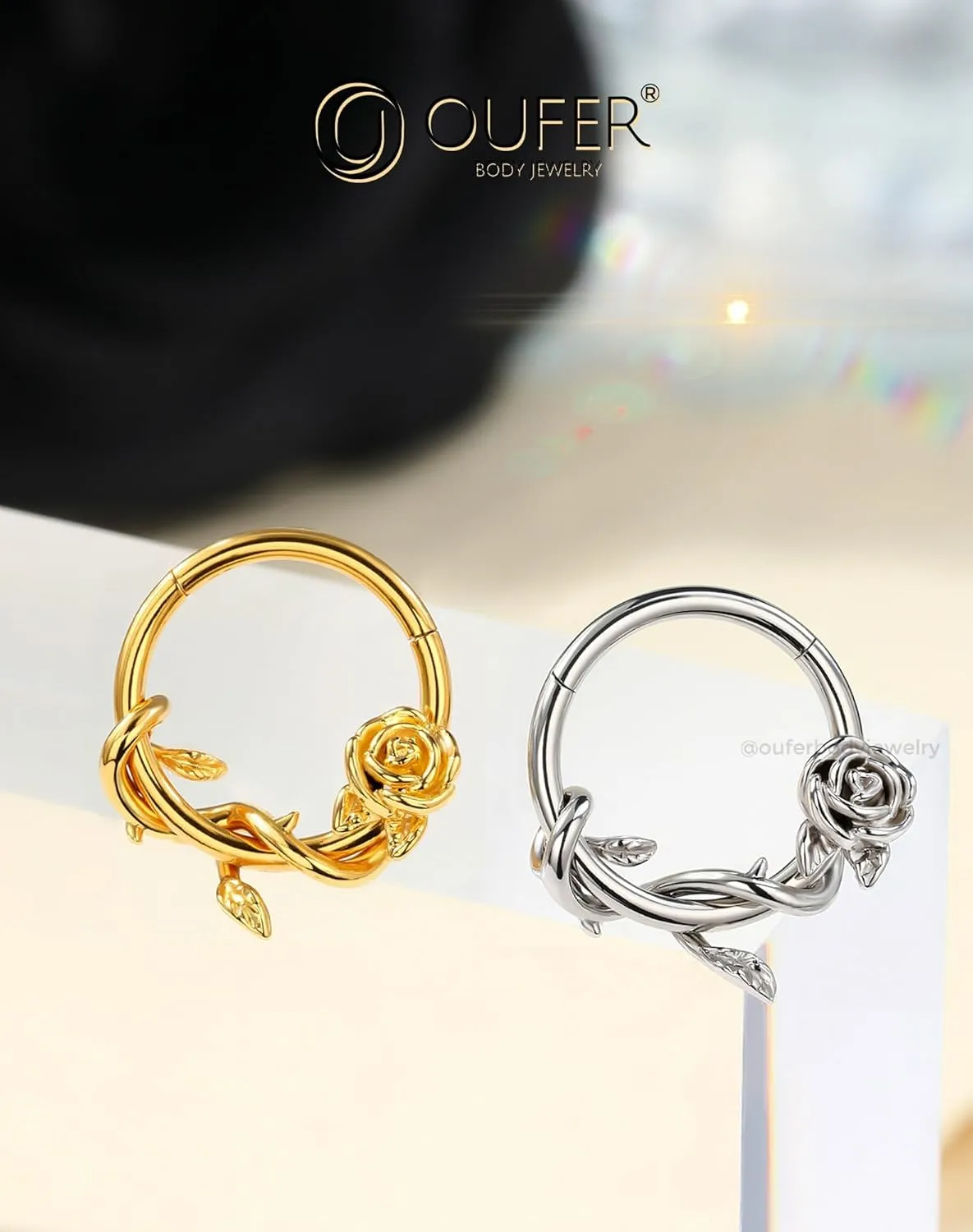 OUFER FLower 16G Gold Septum Rings, 316L Surgical Steel Septum Jewelry, Hinged Clicker Daith Piercing Jewelry, Daith Cartilage Helix Tragus Earring Hoop For Women