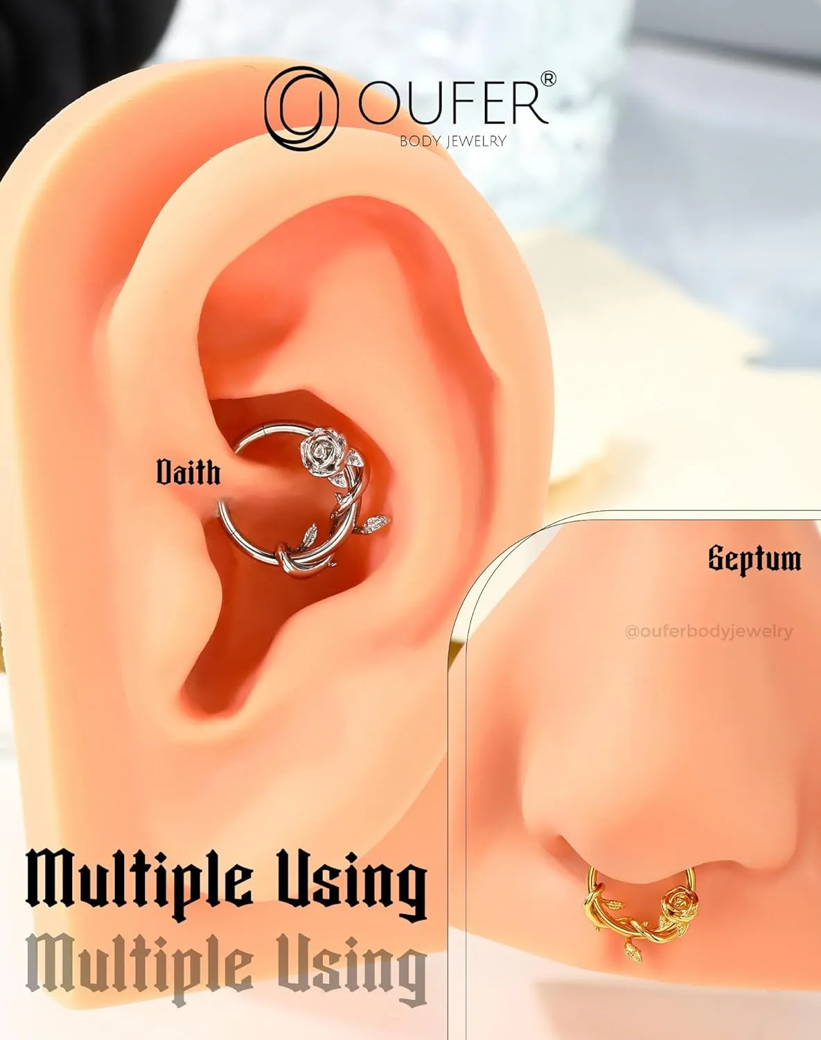 OUFER FLower 16G Gold Septum Rings, 316L Surgical Steel Septum Jewelry, Hinged Clicker Daith Piercing Jewelry, Daith Cartilage Helix Tragus Earring Hoop For Women