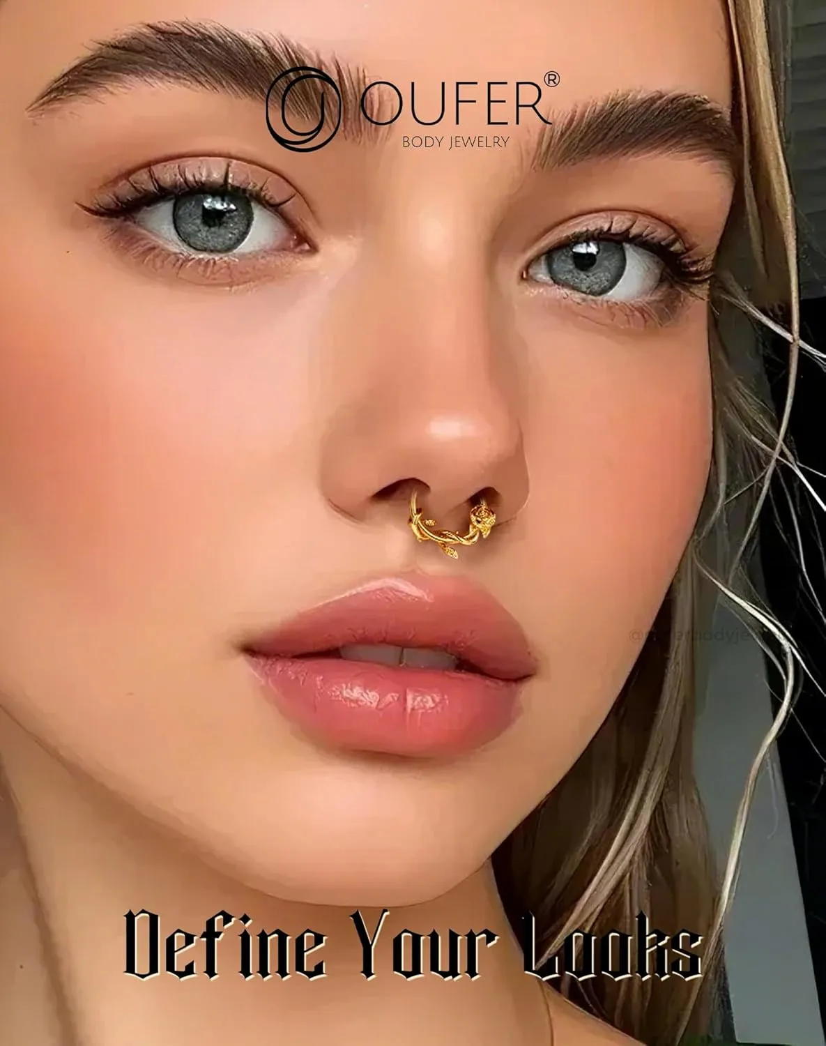 OUFER FLower 16G Gold Septum Rings, 316L Surgical Steel Septum Jewelry, Hinged Clicker Daith Piercing Jewelry, Daith Cartilage Helix Tragus Earring Hoop For Women