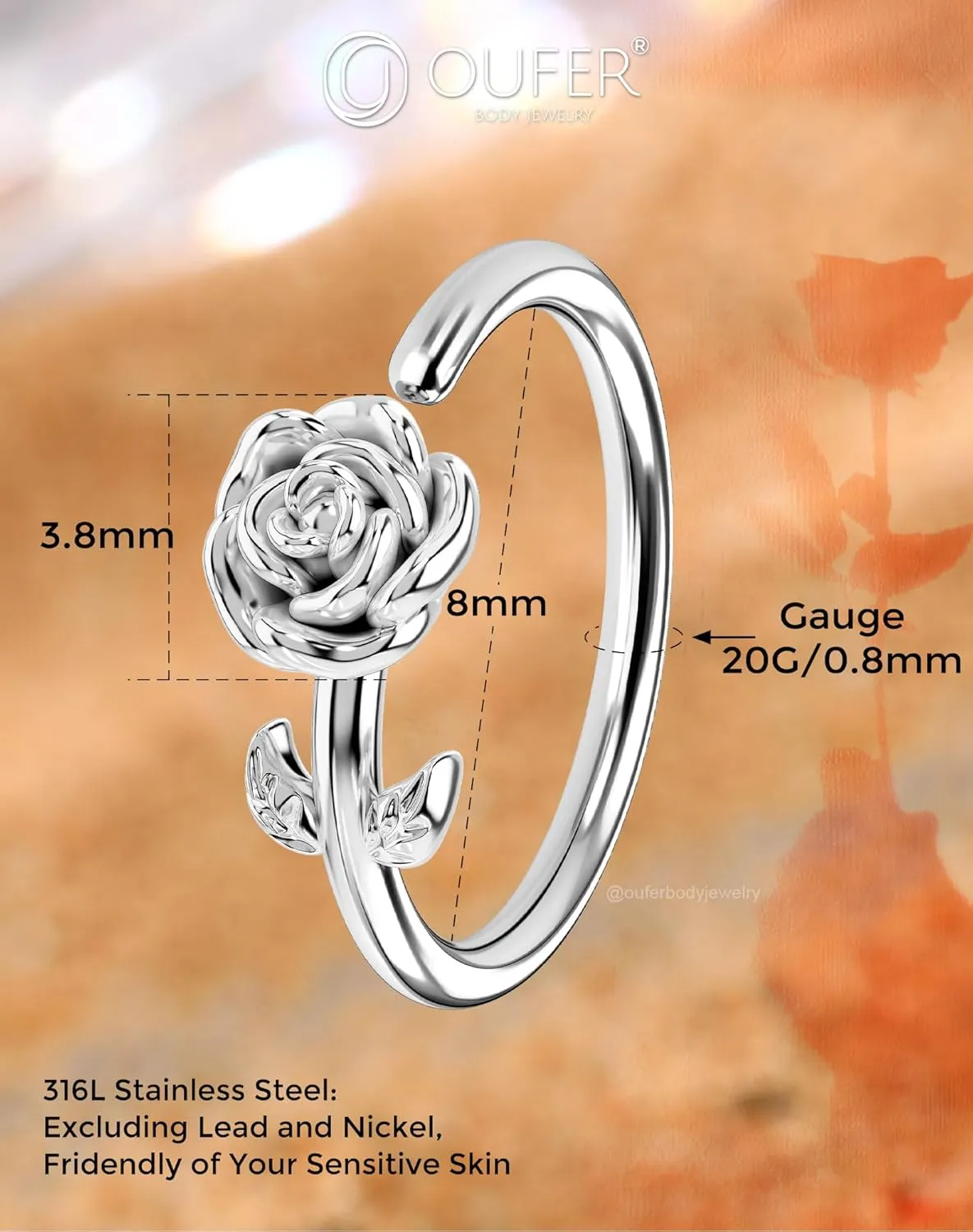 OUFER Nose Rings Flower Rose Seamless Open Nose Rings Hoops 20G, Stainless Steel Floral Nose Helix Daith Rook Tragus Piercing Jewelry for Women Men