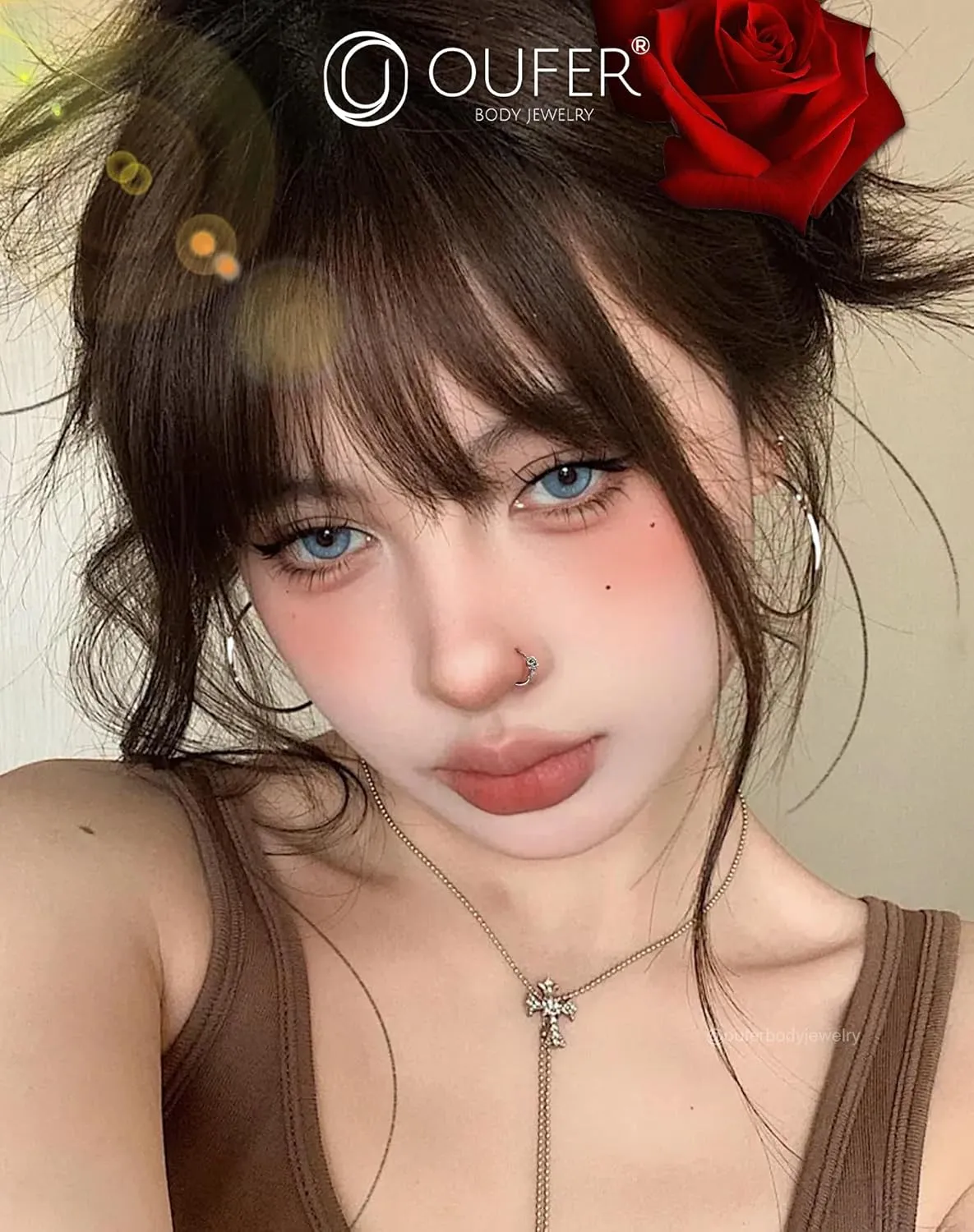OUFER Nose Rings Flower Rose Seamless Open Nose Rings Hoops 20G, Stainless Steel Floral Nose Helix Daith Rook Tragus Piercing Jewelry for Women Men