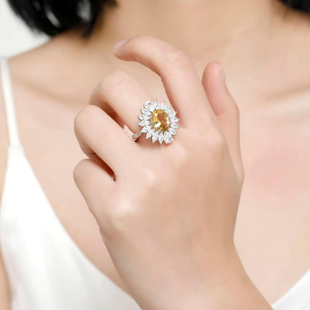 Oval Citrine and Diamond Cluster Ring in Sterling Silver, 14.0 x 10.0 mm