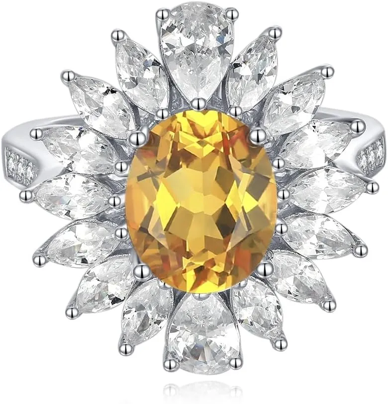 Oval Citrine and Diamond Cluster Ring in Sterling Silver, 14.0 x 10.0 mm