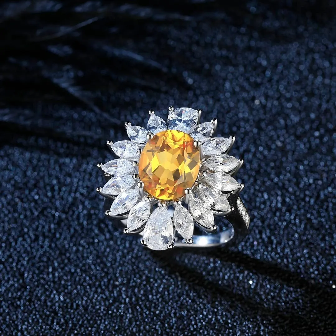 Oval Citrine and Diamond Cluster Ring in Sterling Silver, 14.0 x 10.0 mm