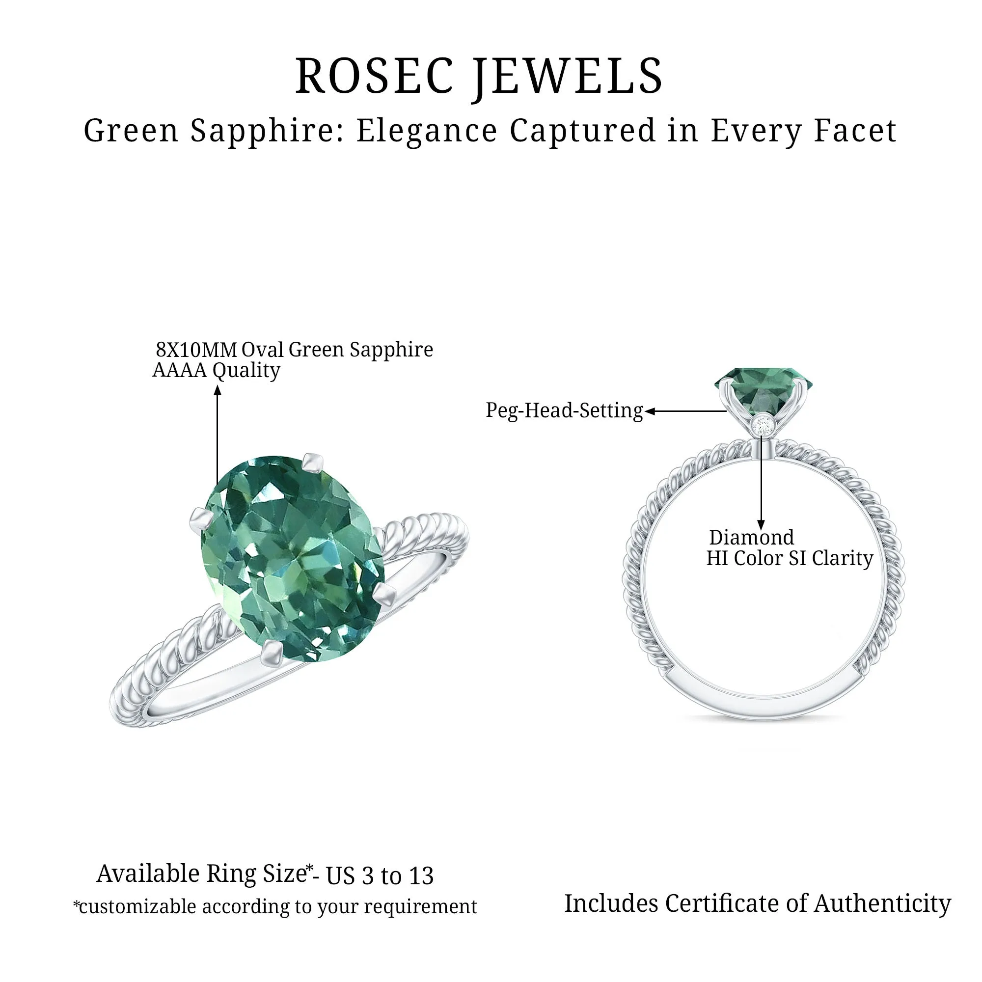 Oval Created Green Sapphire Solitaire Ring with Surprise Diamond