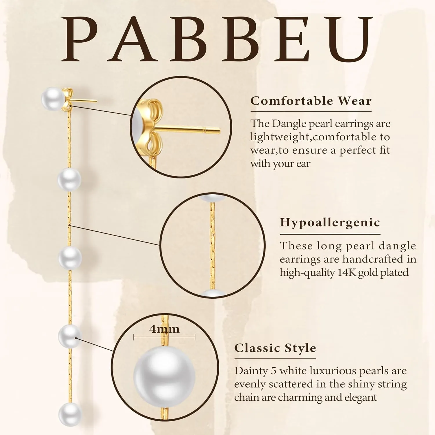 PABBEU Silver Long Pearl Earrings for Women Hypoallergenic 925 Sterling Silver Pearl Stud Earrings Elegant Pearl Drop Earrings Wedding Pearl Tassel Chain Dangle Earrings for Women Bridal 4/5/6mm