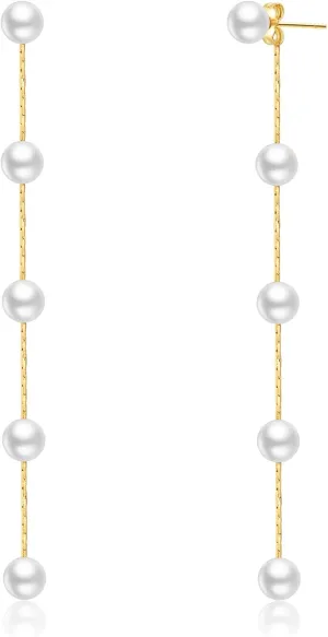 PABBEU Silver Long Pearl Earrings for Women Hypoallergenic 925 Sterling Silver Pearl Stud Earrings Elegant Pearl Drop Earrings Wedding Pearl Tassel Chain Dangle Earrings for Women Bridal 4/5/6mm