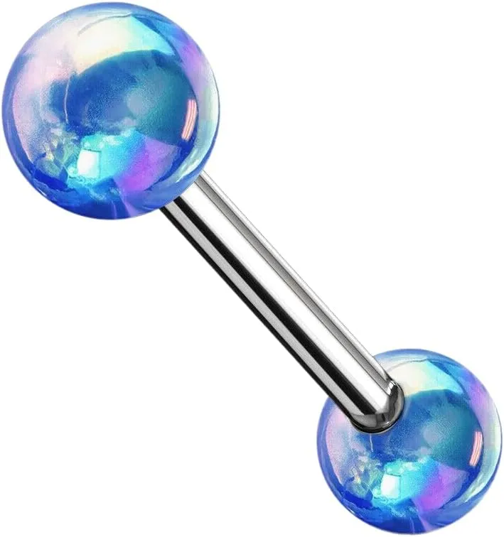 Pair of Metallic AB Coating Ball On Surgical Steel Barbells Tongue Rings Blue Body Unique Jewelry Delicate Design Piercing Steel Surgical For Women