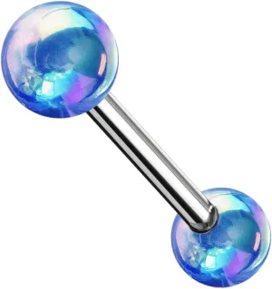 Pair of Metallic AB Coating Ball On Surgical Steel Barbells Tongue Rings Blue Body Unique Jewelry Delicate Design Piercing Steel Surgical For Women
