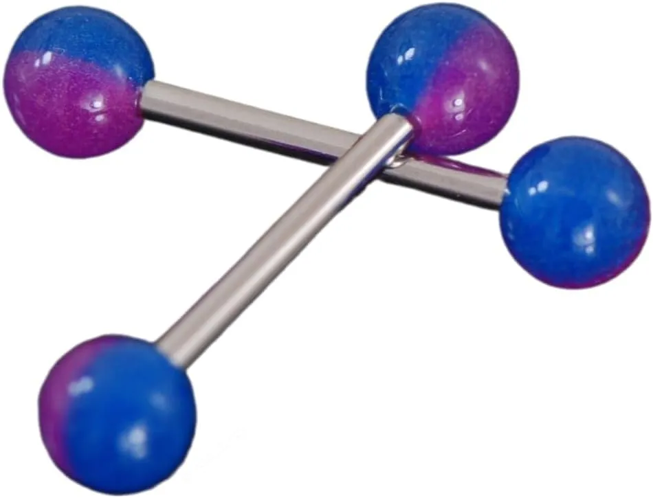 Pair Purple/Blue Stripe Glow In Dark Balls Rings 14G 3/4"" Surgical Steel Body Piercing Unique Jewelry For Women Delicate Design