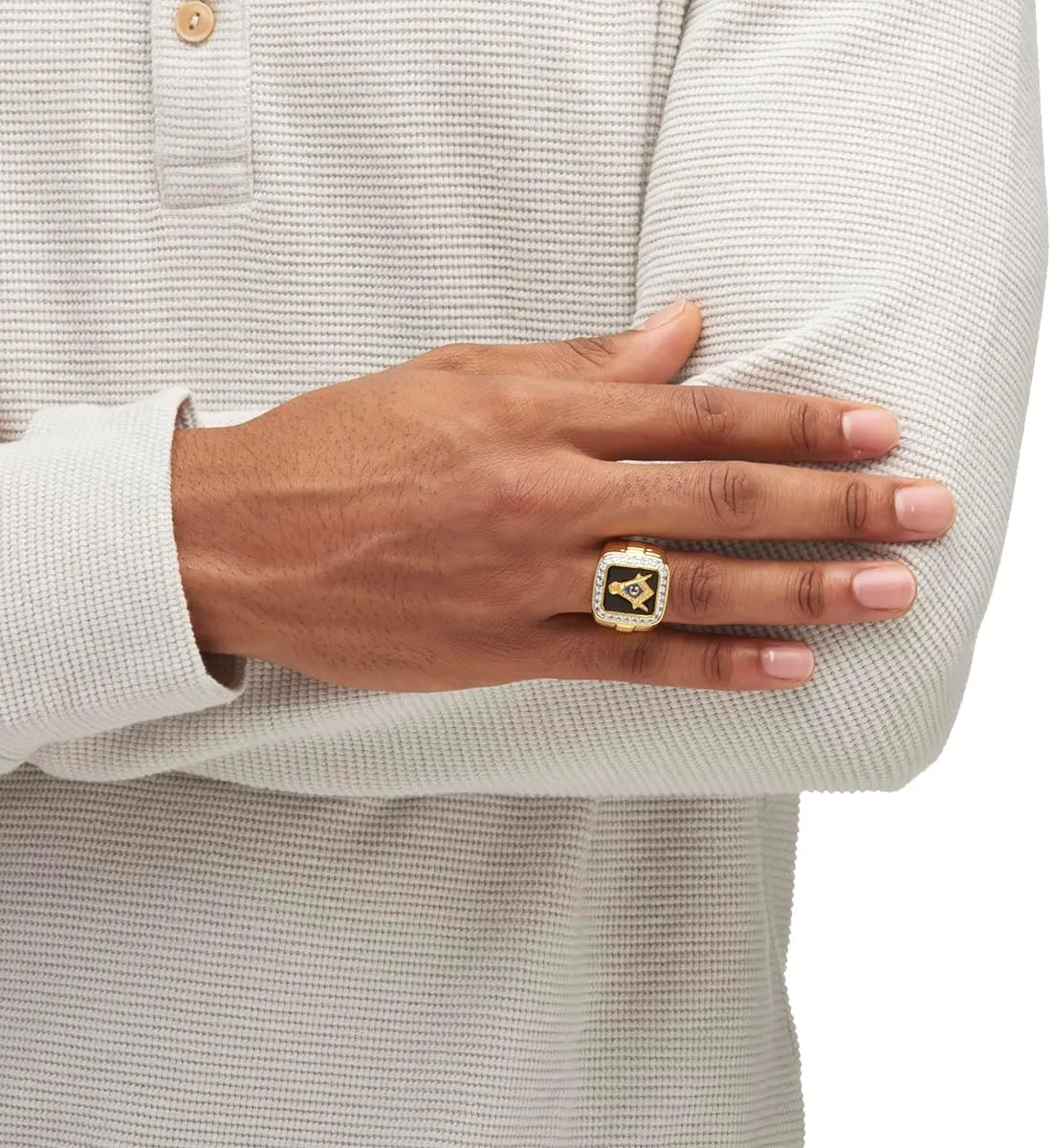 PalmBeach Men's Yellow Gold-Plated Round Cubic Zirconia Black Enamel Masonic Ring Sizes 8-13